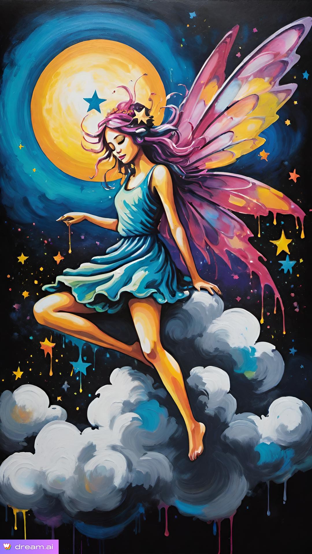 a painting of a fairy with wings and a moon