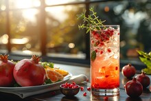 a glass of red liquid with a fruit on a plate