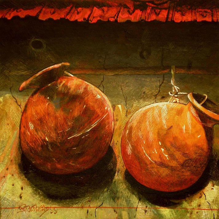 a painting of two orange pots