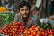 a man with a beard and a pile of tomatoes