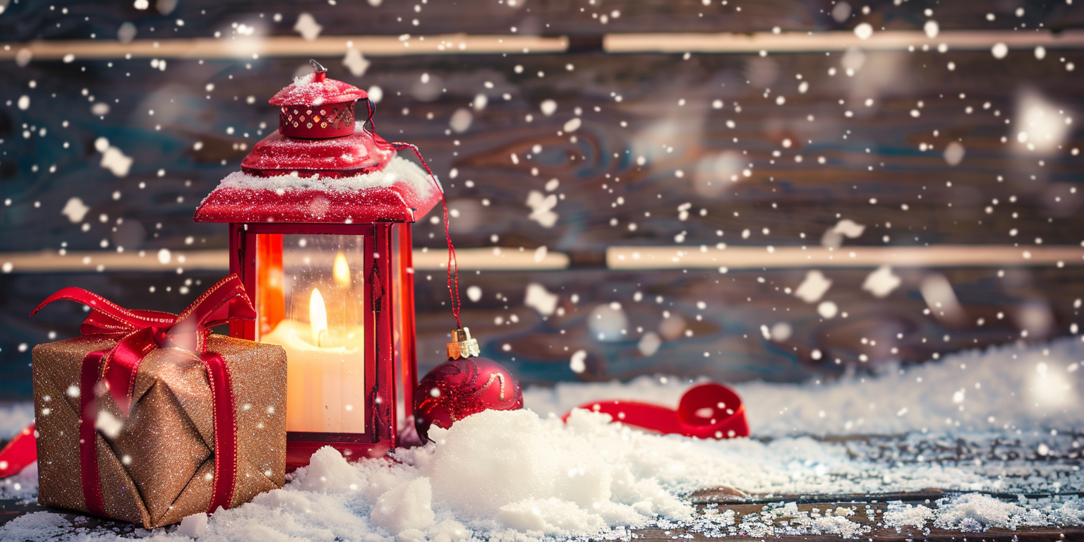 a red lantern with a candle and a red ornament in the snow