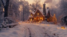 a house with lights on it in the snow