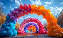 a group of balloons in a tunnel