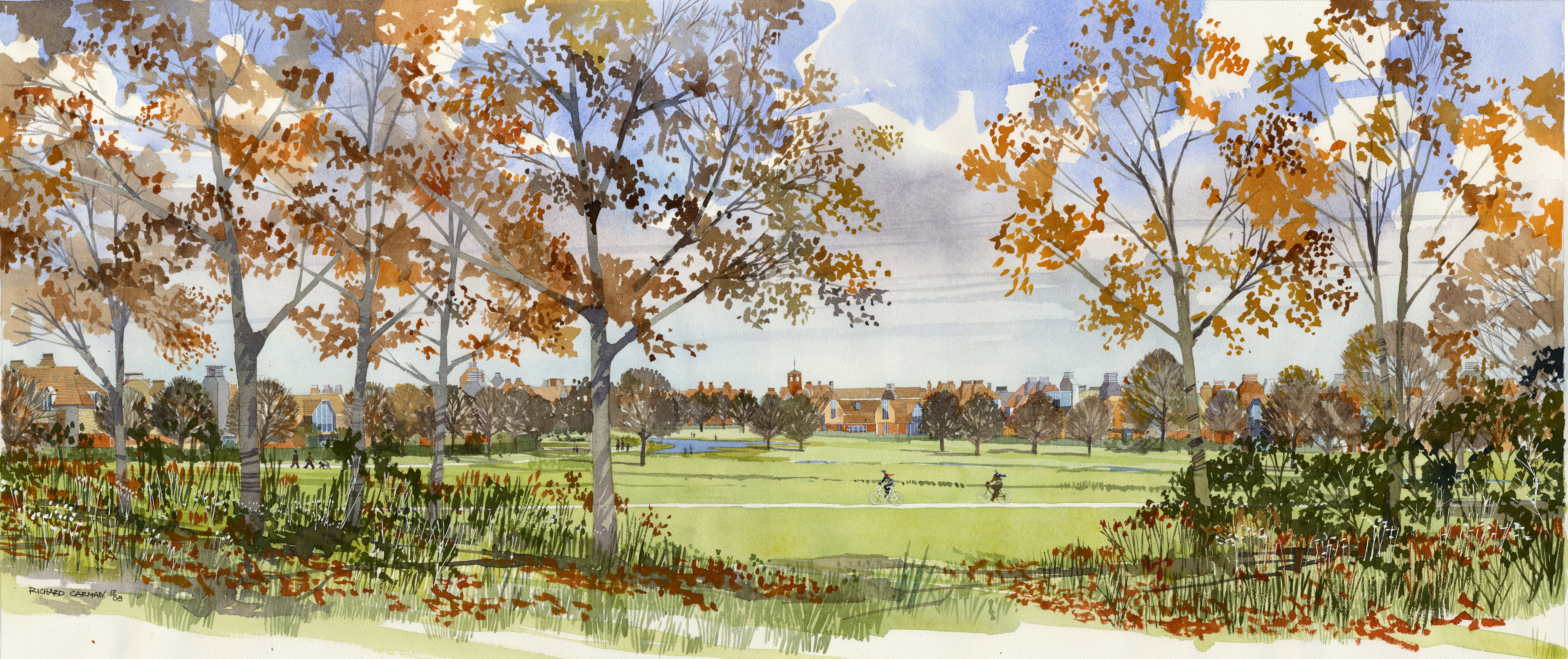 a watercolor of a park with trees and a couple of people