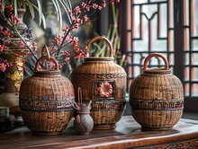 a group of wicker baskets on a table