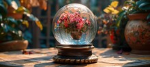 a glass ball with flowers inside