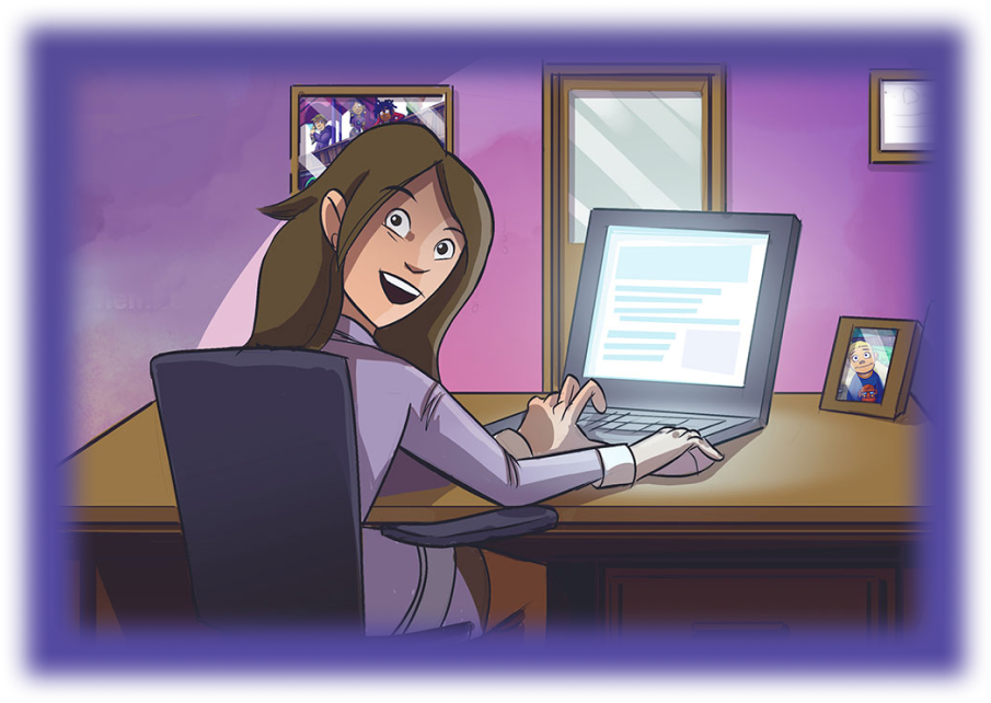 a cartoon of a woman using a laptop