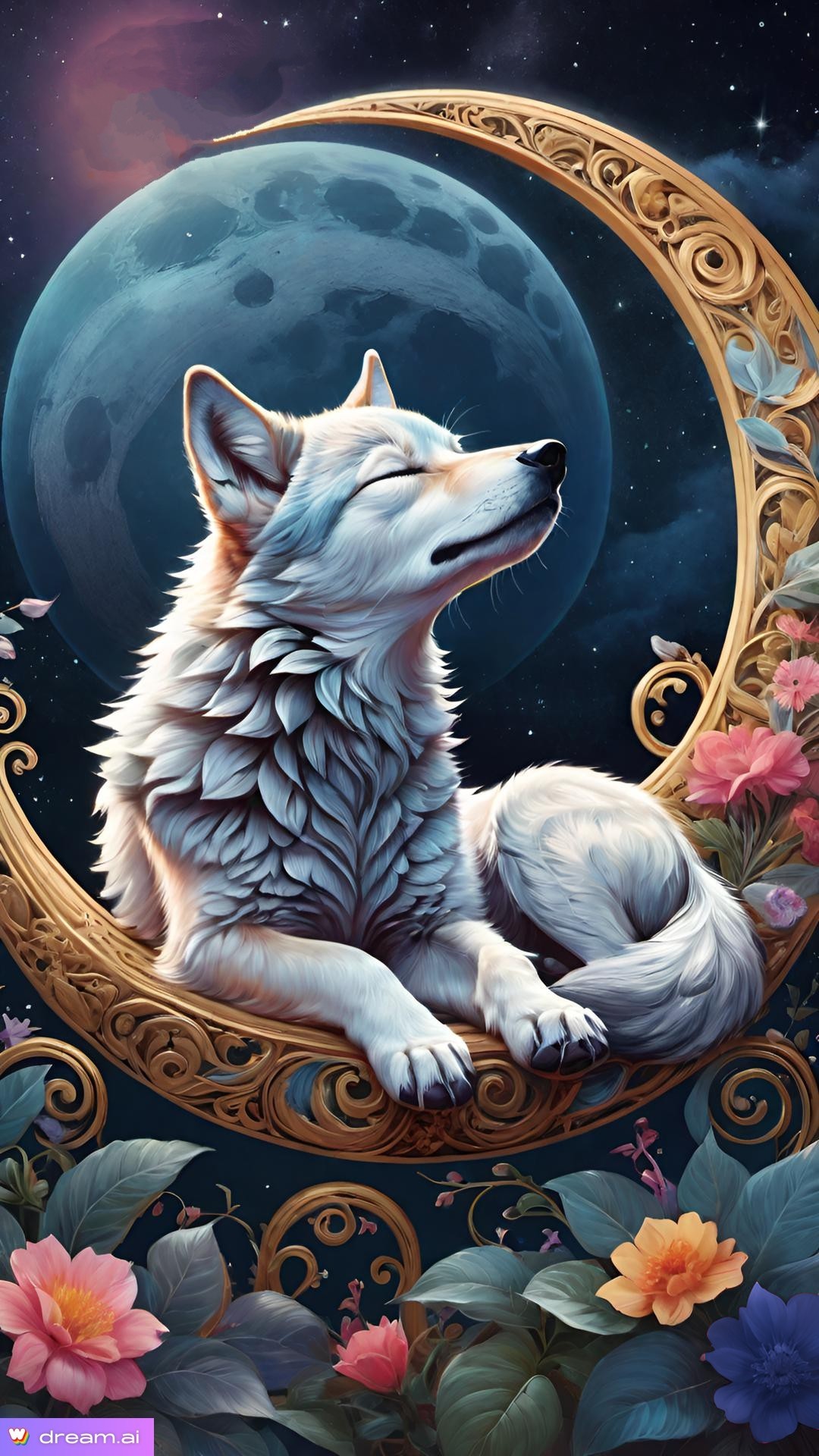 a white dog sitting on a gold frame with flowers and moon