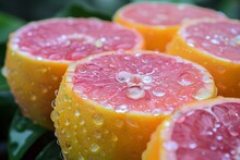 a group of cut oranges with water droplets on them