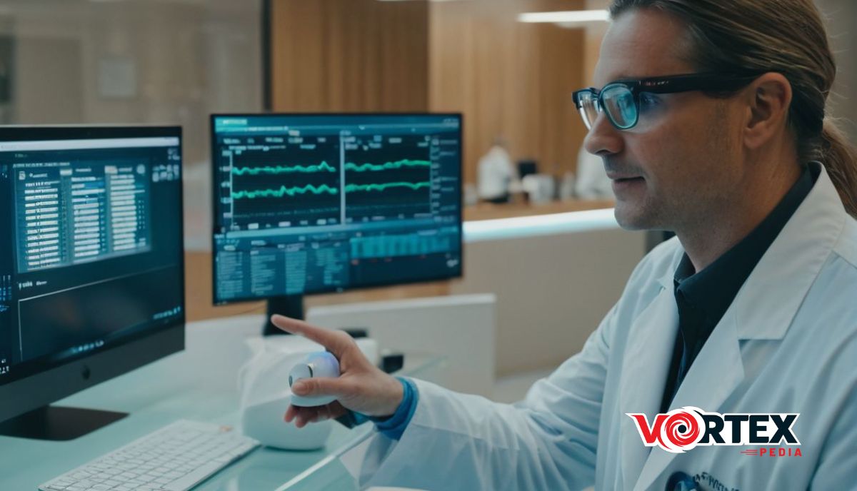 a man in a white coat and glasses looking at a computer screen