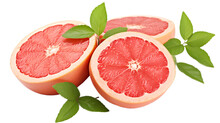 a group of cut grapefruits with leaves