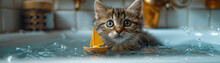 a cat looking at a toy boat