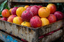 a wooden crate full of apples