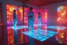 a group of people standing in a room with colorful lights