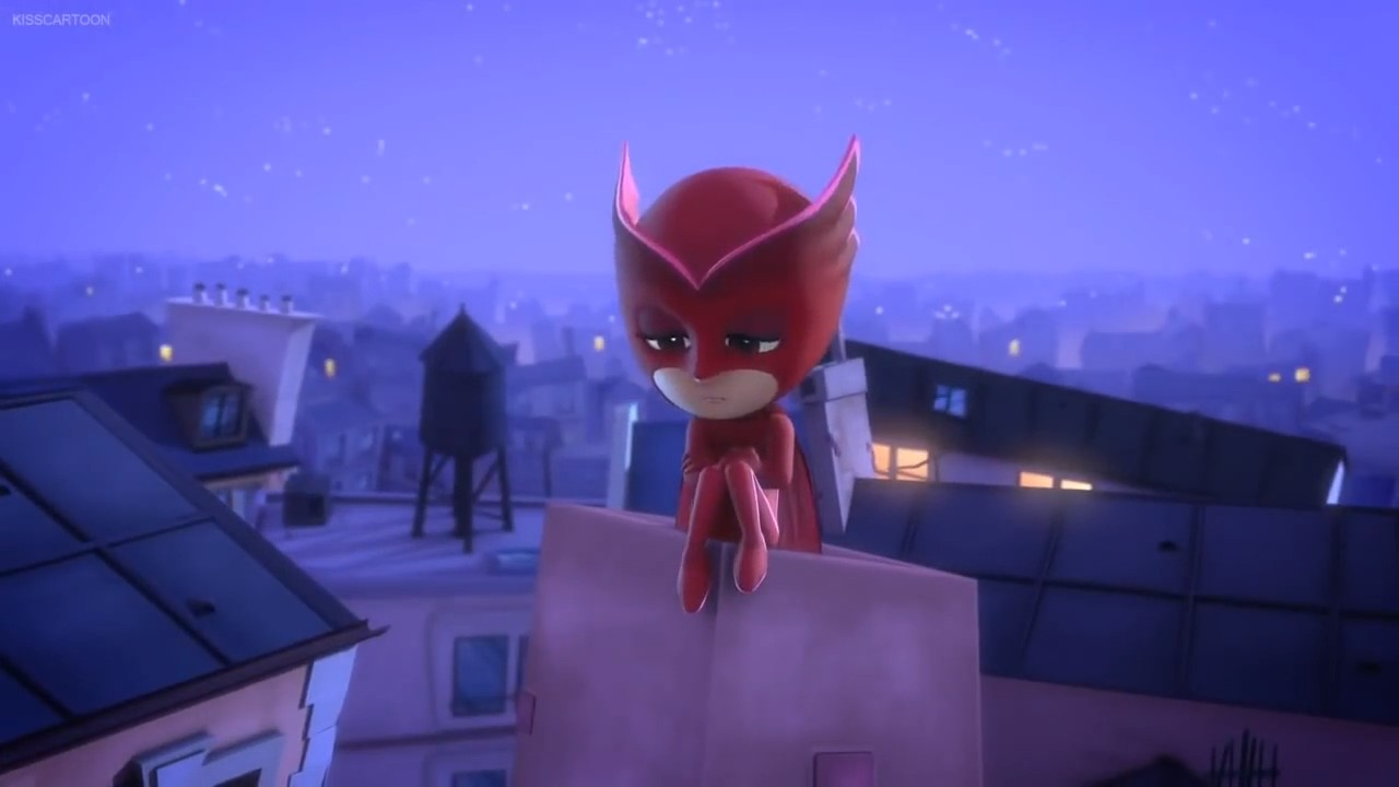 a cartoon character in a red garment sitting on a roof
