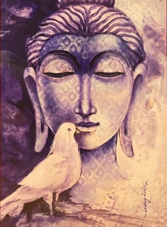 a painting of a face and a bird