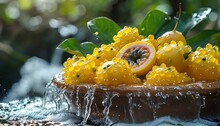 a bowl of yellow fruit with water splashing