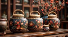 a group of pots on a shelf