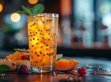 a glass of orange juice with mint leaves and fruit