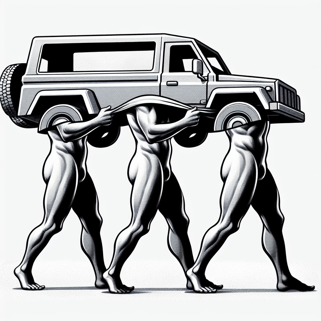 a group of naked men carrying a car