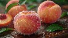 a group of peaches with water drops on them