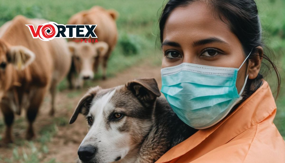 a woman wearing a face mask and a dog