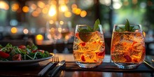 a glass of liquid with ice and fruit on a table