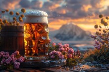 a glass of beer and flowers