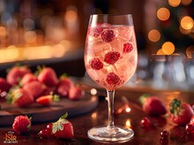 a glass of pink drink with strawberries