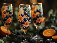 a group of glasses with fruit on them