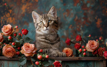 a cat sitting on a table with flowers