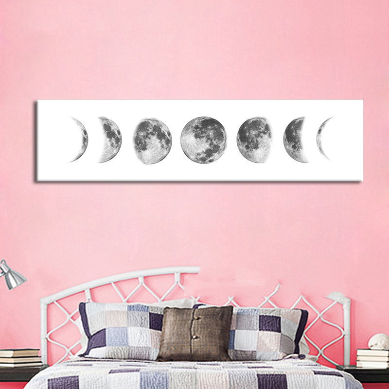 a bed with a bed and a painting of the phases of the moon