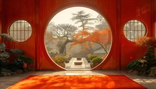 a circular window with trees in the background