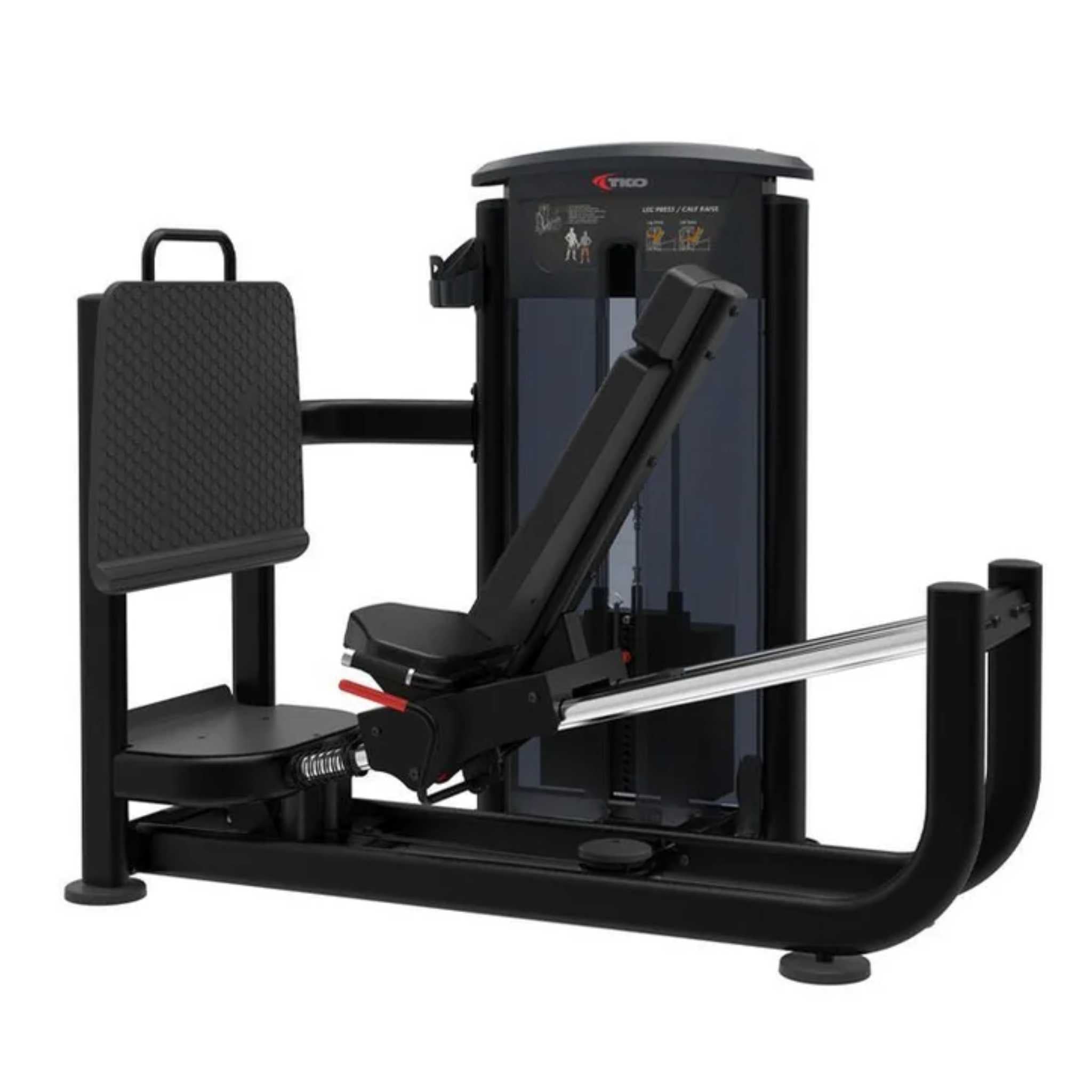 a black exercise machine with a black leg press