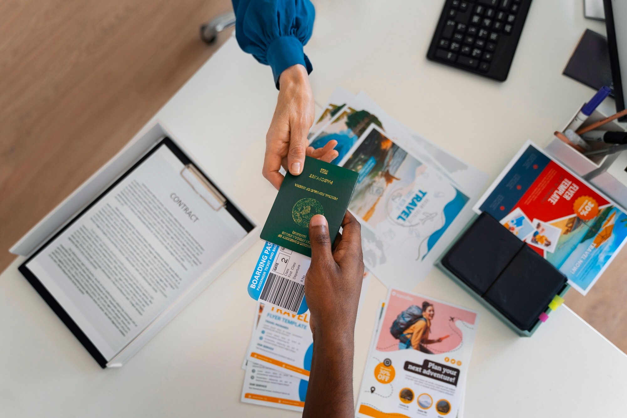 a person handing over a passport to another person