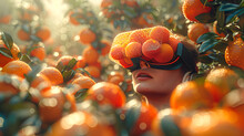 a woman wearing a visor with oranges on her head