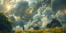 a person walking on a path in a field with clouds