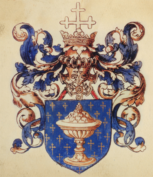 a blue and gold crest with a crown and a bowl