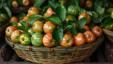 a basket of fruit with leaves