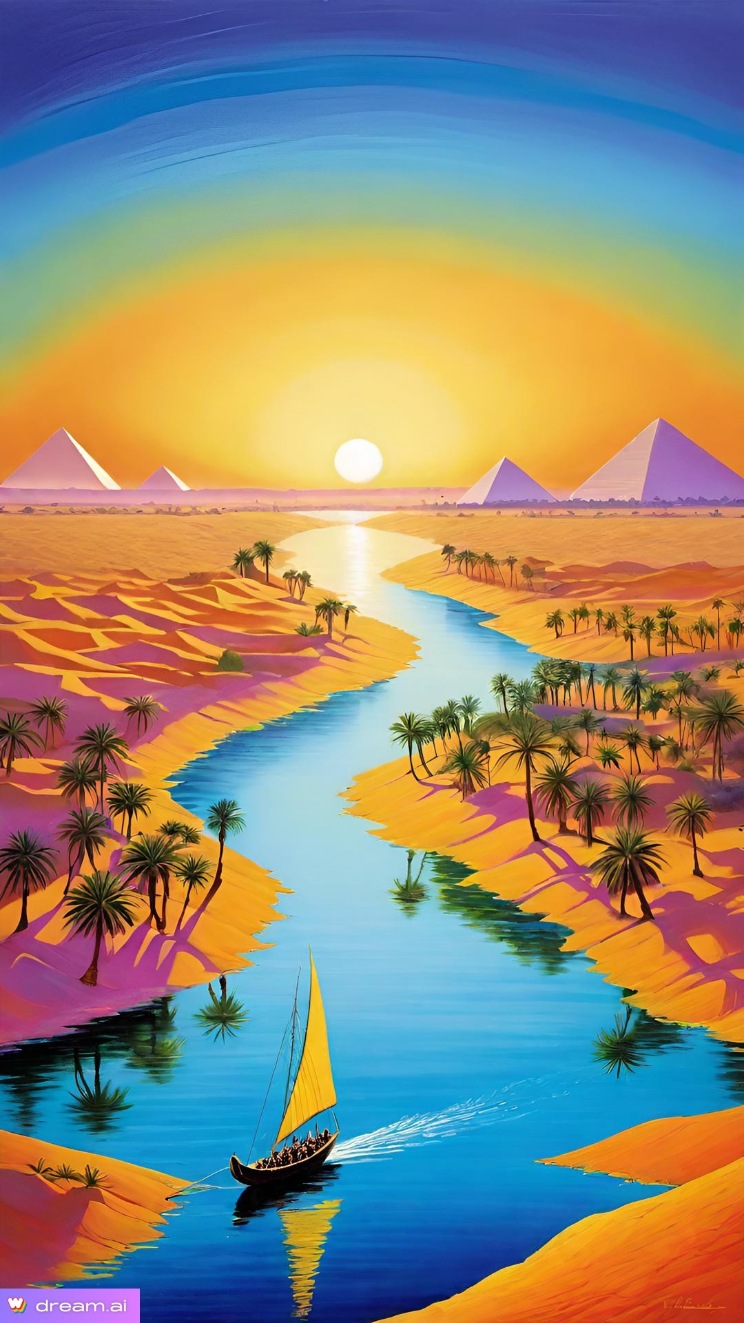 a river running through a desert with palm trees and pyramids