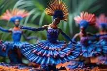 a group of dolls in blue and orange dresses