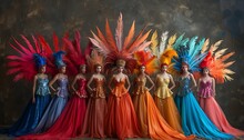 a group of women wearing colorful dresses