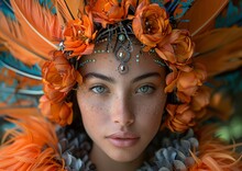 a woman with orange flowers on her head