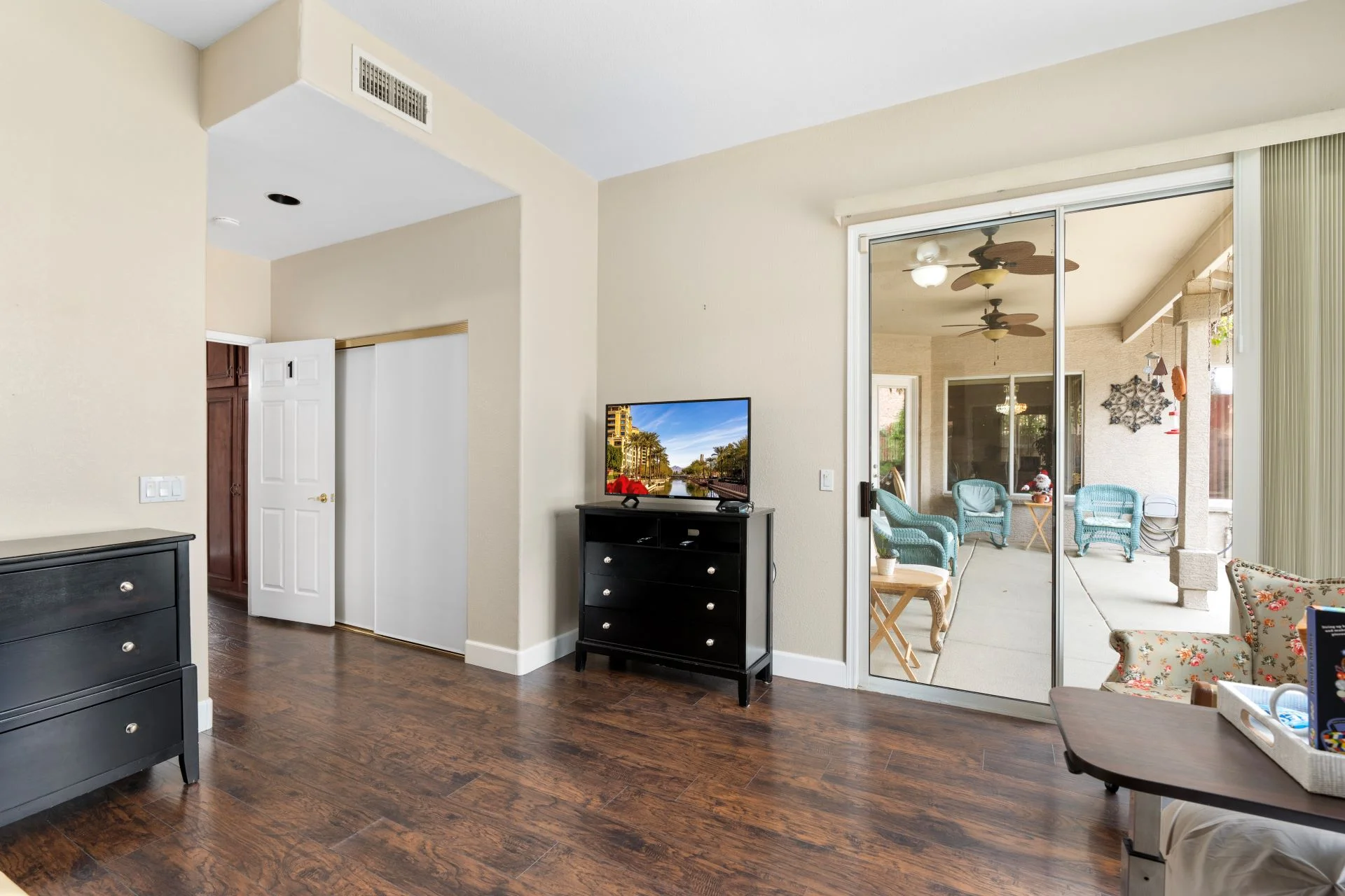 a room with a sliding glass door