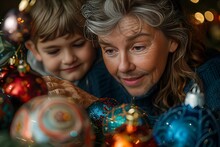 a woman and a boy looking at ornaments