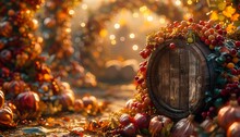 a barrel with fruits and vegetables