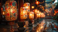 a row of lanterns on a sidewalk