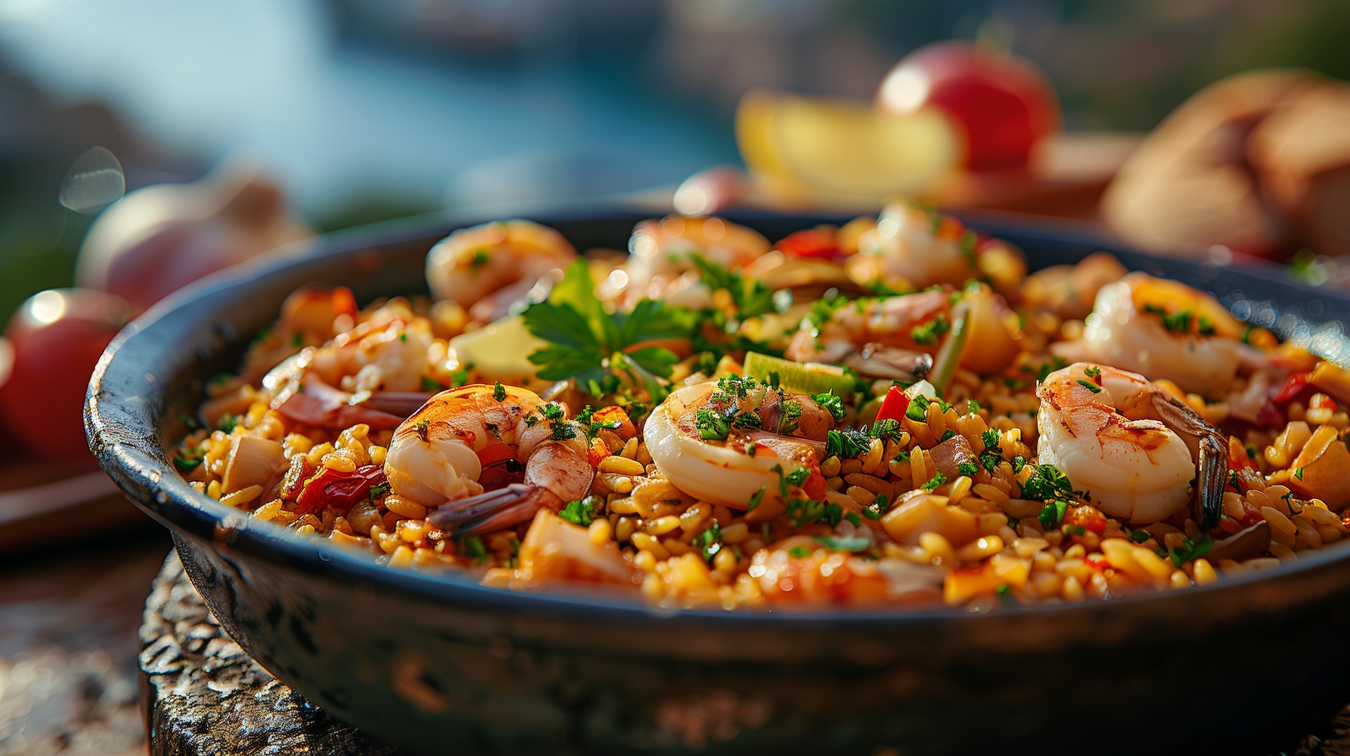 a bowl of food with shrimp and vegetables