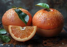 two oranges with water drops on them