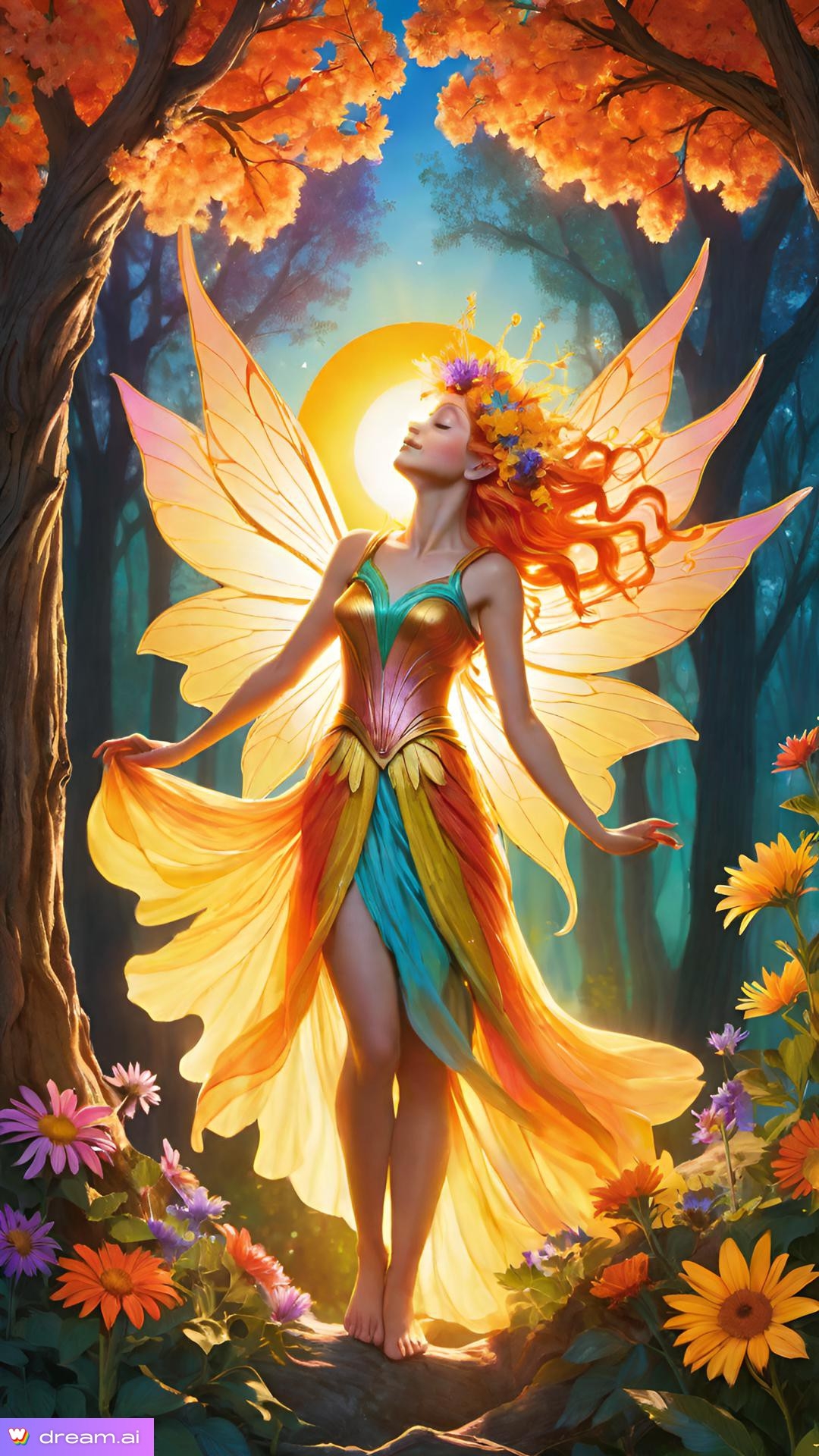 a woman in a dress with wings and flowers in front of her